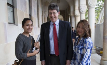 Third year psychology students from Universitas Indonesia, Nihal Kaur and Amanda Soengadie and Professor Bruce Abernethy